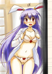 Rule 34 | ^^^, 1girl, animal ears, blush, bra, breasts, rabbit ears, cleavage, dokuna, dressing, long hair, looking at viewer, navel, open clothes, open mouth, open shirt, panties, purple hair, red eyes, reisen udongein inaba, shirt, solo, sweat, touhou, underwear, undone, very long hair, white bra, white panties