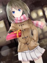 Rule 34 | 10s, 1girl, a.a (aa772), artist name, blue eyes, blush, bow, brown hair, coat, cowboy shot, gift, gloves, hair ornament, hand in pocket, highres, incoming gift, kantai collection, long sleeves, looking at viewer, maya (kancolle), outdoors, pleated skirt, ribbon, scarf, short hair, skirt, solo, standing, sweatdrop, town, valentine