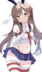 Rule 34 | 1girl, animal ears, arashio (kancolle), black panties, blue sailor collar, breasts, brown hair, calin, cosplay, cowboy shot, crop top, dated, elbow gloves, fake animal ears, gloves, highleg, highleg panties, highres, index finger raised, kantai collection, long hair, looking at viewer, microskirt, midriff, miniskirt, neckerchief, panties, parted lips, rabbit ears, red neckerchief, sailor collar, shimakaze (kancolle), shimakaze (kancolle) (cosplay), signature, simple background, skirt, small breasts, smile, solo, striped clothes, striped thighhighs, thighhighs, underwear, white background, white gloves, yellow eyes