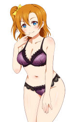 Rule 34 | asymmetrical bangs, blue eyes, box wonderland, bra, breasts, cleavage, closed mouth, collarbone, commentary, english commentary, finger to mouth, hand on own thigh, highres, kosaka honoka, lace, lace-trimmed bra, lace-trimmed panties, lace trim, looking at viewer, love live!, love live! school idol project, medium breasts, medium hair, navel, one side up, orange hair, panties, purple bra, purple panties, smile, underwear, white background