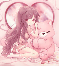 Rule 34 | 1girl, animal ears, brown hair, candy, child, coco (hinatacoco), dog ears, dog girl, dress, floppy ears, flower, food, heart, highres, long hair, looking at viewer, original, pink dress, red eyes, sitting, solo, stuffed animal, stuffed cat, stuffed toy, very long hair, wavy hair, white flower