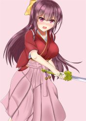 Rule 34 | 10s, 1girl, alternate breast size, blush, bow, breasts, hair bow, hakama, hakama skirt, holding, holding sword, holding weapon, japanese clothes, kamikaze (kancolle), kantai collection, kimono, large breasts, long hair, nose blush, open mouth, pink background, pink eyes, pink skirt, pleated skirt, purple hair, simple background, skirt, solo, sword, tears, tomohiro (duo), weapon, yellow bow