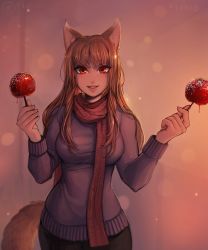 Rule 34 | 1girl, absurdres, animal ears, bad id, bad tumblr id, black pants, blush, brown hair, candy apple, cowboy shot, food, highres, holding, holo, huge filesize, long hair, long sleeves, looking at viewer, matilda fiship, pants, parted lips, patreon username, pink background, pink lips, purple sweater, red eyes, red scarf, scarf, smile, solo, spice and wolf, sprinkles, standing, sweater, tail, wolf ears, wolf tail