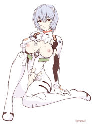 Rule 34 | 1girl, alternate breast size, ayanami rei, blue hair, blush, bodysuit, bracer, breasts, breasts apart, breasts out, flat color, full body, gloves, groin, hair between eyes, hair ornament, hand on own chest, hip focus, interface headset, kon-kit, large breasts, looking at viewer, navel, neon genesis evangelion, nipples, no bra, no panties, parted lips, pilot suit, plugsuit, red eyes, short hair, simple background, sitting, solo, sweat, torn bodysuit, torn clothes, turtleneck, white background
