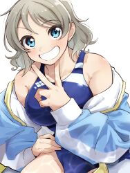 Rule 34 | 1girl, akira hjk, bare shoulders, blue eyes, brown hair, competition swimsuit, highres, jacket, looking at viewer, love live!, love live! sunshine!!, one-piece swimsuit, short hair, simple background, smile, solo, swimsuit, thighs, v, watanabe you