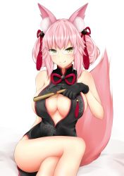 Rule 34 | 1girl, absurdres, alternate hairstyle, animal ears, bare shoulders, black gloves, blush, breasts, china dress, chinese clothes, cleavage, cleavage cutout, clothing cutout, crossed legs, dress, eyes visible through hair, fate/grand order, fate (series), folded fan, folding fan, fox ears, fox tail, glasses, gloves, hand fan, highres, koyanskaya (chinese lostbelt outfit) (fate), koyanskaya (fate), large breasts, licking lips, looking at viewer, paizuri invitation, pink hair, sideboob, simple background, sitting, sleeveless, smile, solo, tail, tamamo (fate), tongue, tongue out, white background, yellow eyes, yuyusuika