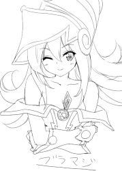 Rule 34 | 1girl, bare shoulders, blush, breasts, card, character name, cleavage, dark magician girl, duel monster, greyscale, hat, kani biimu, long hair, looking at viewer, medium breasts, monochrome, one eye closed, pentacle, simple background, sketch, smile, solo, white background, wink, wizard hat, yu-gi-oh!, yu-gi-oh! duel monsters, yu-gi-oh (card)