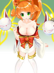 Rule 34 | bare shoulders, breasts, character request, cleavage, collarbone, cosplay, gradient background, green eyes, hair ornament, hairpin, highres, japanese clothes, kimono, large breasts, looking at viewer, nyanko daisensou, open mouth, orange hair, ponytail, solo, thighhighs, twin-7646, v, white thighhighs