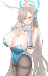 Rule 34 | 1girl, absurdres, animal ears, asuna (blue archive), asuna (bunny) (blue archive), blue archive, blue eyes, blue leotard, blush, breasts, cleavage, detached collar, elbow gloves, fake animal ears, gloves, grin, hair over one eye, hair tie, halo, highres, kasumi saika, large breasts, leotard, light brown hair, long hair, looking at viewer, pantyhose, playboy bunny, rabbit ears, simple background, smile, solo, very long hair, white background, white gloves