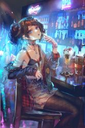 Rule 34 | alcohol, bad id, bad twitter id, bar (place), black choker, bottle, chain, chair, choker, counter, diagonal bangs, earrings, highres, idolmaster, idolmaster shiny colors, indoors, jacket, jewelry, leather, leather bra, leather jacket, looking at viewer, miniskirt, nail polish, off shoulder, pantyhose, purple nails, roki (0214278), short twintails, sitting, skirt, solo, tanaka mamimi, twintails