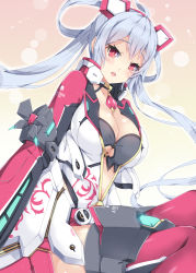 Rule 34 | 1girl, ahoge, blush, breasts, cleavage, commentary request, hair between eyes, hair ornament, hair rings, large breasts, long hair, looking at viewer, matoi (pso2), milkpanda, phantasy star, phantasy star online 2, red eyes, silver hair, solo, twintails