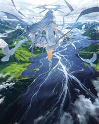 Rule 34 | 1girl, absurdres, bird, floating, from behind, halo, highres, long hair, mountain, nature, no shoes, original, pigeon, river, scenery, very long hair, wangan