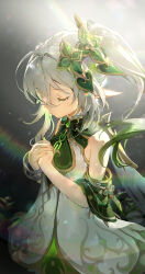 Rule 34 | 1girl, absurdres, anmi, bare shoulders, cape, closed eyes, closed mouth, commentary request, dress, genshin impact, gradient hair, green brooch, green hair, hair ornament, hands on own chest, highres, jewelry, leaf hair ornament, long hair, multicolored hair, nahida (genshin impact), own hands together, pointy ears, ponytail, praying, rainbow, solo, white dress, white hair