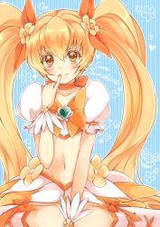Rule 34 | 10s, 1girl, blonde hair, blue background, blush, bow, brooch, character name, choker, cure sunshine, dated, hair ribbon, heart, heart brooch, heartcatch precure!, highres, long hair, looking at viewer, magical girl, midriff, myoudouin itsuki, navel, orange bow, potpourri (heartcatch precure!), precure, ribbon, sikuhima, skirt, smile, solo, striped, striped background, twintails, vertical stripes, wrist cuffs, yellow eyes