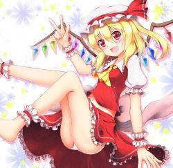 Rule 34 | 1girl, ankle cuffs, ankle ribbon, barefoot, blonde hair, blush, fang, flandre scarlet, hat, hat ribbon, lace, lace-trimmed panties, lace trim, leg ribbon, looking at viewer, midriff, mob cap, navel, open mouth, panties, pantyshot, puffy sleeves, red eyes, ribbon, shirt, short sleeves, side ponytail, skirt, skirt set, smile, solo, touhou, underwear, upskirt, v, vest, white panties, wings, wrist cuffs, ymd (holudoun)