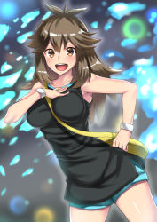 Rule 34 | 1girl, :d, bag, bare arms, bare shoulders, between breasts, blue shorts, blush, bracelet, breasts, brown eyes, brown hair, commentary request, cowboy shot, creatures (company), game freak, green (pokemon), hair between eyes, hair flaps, hand on own chest, hand on own hip, highres, impossible clothes, jewelry, long hair, looking at viewer, medium breasts, nintendo, open mouth, pokemon, pokemon lgpe, short shorts, shorts, sleeveless, smile, solo, standing, strap between breasts, takecha