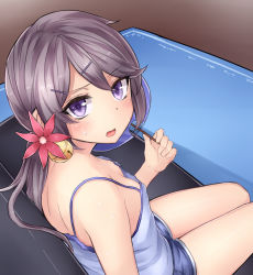 Rule 34 | 10s, 1girl, akebono (kancolle), alternate costume, bell, blush, breasts, camisole, couch, downblouse, eyebrows, flower, hair bell, hair flower, hair ornament, hairclip, hand fan, highres, jingle bell, kantai collection, long hair, looking at viewer, md5 mismatch, neit ni sei, no bra, paper fan, purple eyes, purple hair, resized, resolution mismatch, rug, short shorts, shorts, side ponytail, sitting, sleeveless, small breasts, solo, source smaller, spaghetti strap, sweat, tsurime, uchiwa, upscaled
