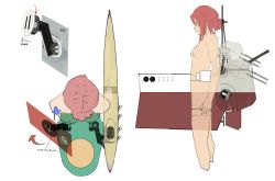 Rule 34 | 10s, 1girl, armor, blueprint (object), cannon, diagram, escutcheon, from above, from side, hms orion (siirakannu), kantai collection, machinery, mechanical, mechanical arms, multiple views, original, profile, propeller, red hair, rudder, schematic, siirakannu, single mechanical arm, turret, wooden deck