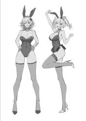 Rule 34 | 2girls, alternate costume, animal ears, breasts, burnice white, caesar king (zenless zone zero), cleavage, covered navel, fake animal ears, full body, greyscale, hair between eyes, hands on own hips, highres, juwei, large breasts, leotard, long hair, looking at viewer, monochrome, multiple girls, rabbit ears, sidelocks, simple background, sketch, smile, standing, thighhighs, thighs, white background, zenless zone zero