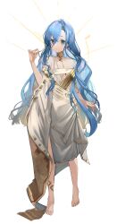 Rule 34 | 1girl, 37 (reverse:1999), absurdres, ancient greek clothes, anklet, armlet, bare shoulders, barefoot, blue eyes, blue hair, breasts, eugle na, full body, gold choker, greco-roman clothes, hair between eyes, hand up, highres, jewelry, long hair, looking at viewer, off shoulder, parted lips, reverse:1999, single sleeve, small breasts, solo, standing, toga, underboob, very long hair, white background, wide sleeves