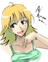 Rule 34 | 00s, 1girl, :d, ahoge, blonde hair, collarbone, cosaten, green hair, green shirt, hoshii miki, idolmaster, idolmaster (classic), idolmaster 1, long hair, looking to the side, open mouth, shirt, smile, solo