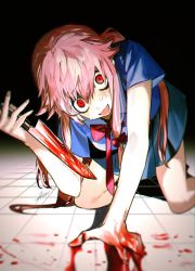 Rule 34 | 1girl, all fours, blood, blood on hands, bloody knife, blue skirt, blush, bow, bowtie, btmr game, gasai yuno, hair between eyes, hair bow, highres, holding, holding knife, knife, long hair, looking at viewer, mirai nikki, on floor, open mouth, pink hair, red bow, red eyes, school uniform, short sleeves, signature, skirt, solo, sweat, tile floor, tiles, titles, yandere