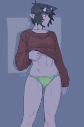Rule 34 | 1girl, :/, artist name, black hair, bow, bow panties, brown sweater, closed mouth, clothes lift, collarbone, colored skin, commentary, english commentary, gluteal fold, green panties, highres, horns, ittla, lifting own clothes, long sleeves, looking away, navel, no pants, oni, original, panties, pointy ears, purple skin, short hair, simple background, skin-covered horns, solo, stomach, sweater, sweater lift, thick eyebrows, ume (ittla), underwear, yellow eyes