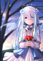 Rule 34 | 1girl, anemone (flower), aoi thomas, bare tree, blue bow, blue wings, blurry, blurry background, blush, bow, capelet, closed mouth, collared shirt, commentary request, crying, crying with eyes open, depth of field, dress shirt, flower, hair between eyes, highres, holding, holding flower, ice, ice wings, looking at viewer, original, outdoors, pleated skirt, red flower, shirt, skirt, smile, solo, tears, transparent wings, tree, white capelet, white hair, white shirt, white skirt, wings