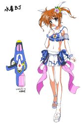 Rule 34 | 1girl, adapted costume, anklet, armband, bikini, bikini skirt, bow, bow bikini, bow skirt, bracelet, breasts, brown hair, commentary, eyes visible through hair, flower, hair flower, hair ornament, hair ribbon, hand on own chest, head tilt, highres, jewelry, lyrical nanoha, mahou shoujo lyrical nanoha, navel, purple eyes, raising heart, ribbon, sandals, short hair, short twintails, simple background, small breasts, solo, swimsuit, takamachi nanoha, translated, twintails, water gun, white background, white bikini, white footwear, white ribbon, yorousa (yoroiusagi)