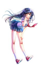 Rule 34 | 1girl, absurdres, akanbe, black hair, blue eyes, blue skirt, blush, eyelid pull, full body, hand on own leg, highres, izumi (stardustalone), leaning forward, legs, long hair, looking at viewer, miniskirt, necktie, one eye closed, original, red footwear, red necktie, shoes, simple background, skirt, sneakers, socks, standing, tachi-e, tongue, tongue out, uniform, very long hair, white background, white socks