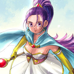 Rule 34 | 1girl, blue background, blue cape, breasts, cape, choker, cleavage, collarbone, commentary request, dragon quest, dragon quest xi, dress, earrings, elbow gloves, gloves, hair between eyes, hair ornament, highres, holding, holding staff, jewelry, large breasts, long hair, looking at viewer, pekuchin (pekuchin 3), ponytail, purple eyes, purple hair, senica (dq11), short dress, solo, staff, very long hair, white dress, yellow gloves