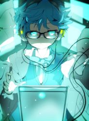 Rule 34 | 10s, 1boy, bad id, bad pixiv id, black-framed eyewear, blue bow, blue bowtie, blue eyes, blue hair, bow, bowtie, closed mouth, fate/extra, fate/extra ccc, fate (series), glasses, glowing, glowing eyes, grey jacket, hans christian andersen (fate), headphones, hiiragi fuyuki, jacket, jacket on shoulders, looking at viewer, male focus, solo, vest