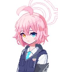 Rule 34 | 1girl, ahoge, black vest, blue archive, blue eyes, blue necktie, closed mouth, collared shirt, hair between eyes, halo, highres, hoshino (blue archive), hoshino (young) (blue archive), long sleeves, necktie, pink hair, pink halo, pixel art, shirt, short hair, simple background, solo, tinia etru, upper body, vest, white background, white shirt, yellow eyes