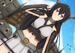 Rule 34 | 10s, 1girl, black gloves, black hair, breasts, brown eyes, cleavage, collar, collarbone, fingerless gloves, gloves, grey skirt, groin, highres, isane, kantai collection, large breasts, long hair, midriff, nagato (kancolle), navel, pleated skirt, skirt, solo