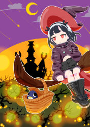 Rule 34 | 1girl, :&lt;, absurdres, alternate costume, animal, animal on lap, bare tree, basket, black footwear, black hair, boots, broom, broom riding, buttons, cape, castle, cat, coat, commentary request, crescent moon, glowing, gyari (bird), halloween, hat, high collar, highres, jitome, jitomi monoe, magnet, matsuta6, moon, night, on lap, petting, purple coat, purple sky, red eyes, red nails, shooting star, sky, sleeves past wrists, solo, tree, virtual youtuber, voms, witch hat