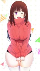Rule 34 | 1girl, breasts, breasts squeezed together, brown hair, clothes pull, commission, facing viewer, happy, highres, large breasts, long hair, long sleeves, one eye closed, open mouth, original, purple eyes, red sweater, ribbed sweater, short shorts, shorts, smile, solo, standing, sweater, sweater pull, teeth, thigh gap, thighhighs, thighs, turtleneck, turtleneck sweater, upper teeth only, white thighhighs, xiaodi, zettai ryouiki