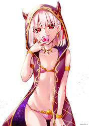 Rule 34 | 1girl, armlet, asazuki norito, bare shoulders, bikini, blush, bracelet, breasts, candy, chocolate, chocolate heart, chocolate heaven (fate/grand order), cloak, closed mouth, collarbone, earrings, fate/grand order, fate (series), food, hair between eyes, hair ribbon, heart, hood, hood up, hooded cloak, horned hood, horns, jewelry, kama (chocolate heaven) (fate), kama (fate), licking lips, looking at viewer, necklace, pink bikini, red ribbon, ribbon, ring, short hair, silver hair, simple background, small breasts, smile, solo, space, star (sky), swimsuit, thighs, tongue, tongue out, white background