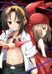 Rule 34 | 1boy, 1girl, absurdres, asakura yoh, bandana, bare shoulders, bead necklace, beads, black hair, black shirt, breasts, brown eyes, brown hair, closed mouth, collarbone, collared shirt, commentary request, green pants, headphones, highres, jewelry, kyouyama anna, looking at viewer, looking back, navel, necklace, open clothes, open shirt, pants, parted bangs, profile, shaman king, shirt, short sleeves, signature, sleeveless, sleeveless shirt, small breasts, smile, uchuuneko, white shirt
