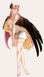 Rule 34 | 1girl, armlet, bare shoulders, barefoot, belt, blush, breasts, center opening, circe (fate), fate/grand order, fate (series), feathered wings, feet, full body, head wings, headpiece, highres, jewelry, legs, long hair, looking at viewer, medium breasts, navel, necklace, open mouth, pink hair, pointy ears, sidelocks, simple background, skirt, smile, solo, thighlet, thighs, tokiwa midori (kyokutou funamushi), white background, white skirt, wings