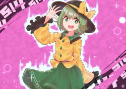 Rule 34 | 1girl, arm up, belt, black hat, blouse, blue belt, bow, breasts, brown background, collar, collared shirt, crystal, eyes visible through hair, frills, green eyes, green hair, green skirt, hair between eyes, hand up, hat, hat bow, highres, jewelry, koishi day, komeiji koishi, long sleeves, looking at viewer, medium breasts, open mouth, pink background, shirt, short hair, skirt, smile, solo, touhou, wide sleeves, yellow bow, yellow shirt, zanasta0810