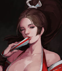 Rule 34 | 1girl, bare shoulders, black background, breasts, brown eyes, brown hair, cleavage, folded fan, collarbone, fatal fury, folding fan, hand fan, high ponytail, in mouth, japanese clothes, large breasts, long hair, looking at viewer, ninja, one eye closed, papppo, ponytail, revealing clothes, sash, shiranui mai, standing, the king of fighters, wink
