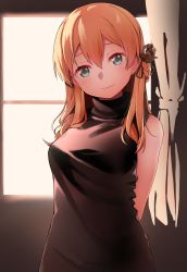 Rule 34 | 10s, 1girl, alternate costume, anchor hair ornament, arms behind back, backlighting, bare shoulders, blonde hair, blush, breasts, byte (allbyte), curtains, green eyes, hair ornament, head tilt, highres, indoors, kantai collection, looking at viewer, low twintails, medium breasts, no headwear, prinz eugen (kancolle), sleeveless, sleeveless turtleneck, smile, solo, sweater, turtleneck, turtleneck sweater, twintails, upper body, window