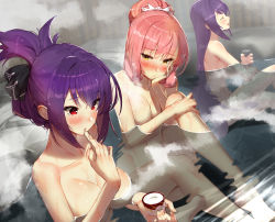 Rule 34 | 3girls, absurdres, alcohol, barefoot, blush, breasts, closed eyes, collarbone, commentary request, convenient arm, fate/grand order, fate (series), feet out of frame, food, from side, hair between eyes, hair bun, hair ribbon, hair up, hand on own cheek, hand on own face, hand up, head rest, head tilt, highres, holding, ice cream, knee up, large breasts, long hair, looking at another, medb (fate), medium breasts, multiple girls, nude, onsen, parted lips, partially submerged, pink hair, ponytail, profile, purple hair, red eyes, ribbon, sake, scathach (fate), scathach skadi (fate), scottie (phantom2), sidelocks, single hair bun, sitting, steam, upper body, very long hair, water, yellow eyes