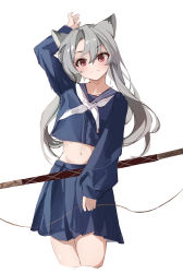 Rule 34 | 1girl, absurdres, animal ears, arm up, blue sailor collar, blue serafuku, blue skirt, bow (weapon), closed mouth, commentary request, crop top, cropped legs, daqi sama, grey hair, hair between eyes, head tilt, highres, holding, holding bow (weapon), holding weapon, long hair, long sleeves, looking at viewer, midriff, navel, neckerchief, original, parted bangs, pleated skirt, puffy long sleeves, puffy sleeves, red eyes, sailor collar, school uniform, serafuku, simple background, skirt, sleeves past wrists, solo, very long hair, weapon, white background, white neckerchief