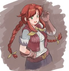 Rule 34 | 1girl, belt, braid, breasts, chido (chidori356410), gloves, green eyes, highres, long hair, looking at viewer, open mouth, pink vest, rebecca streisand, red hair, simple background, smile, solo, twin braids, twintails, vest, wild arms, wild arms 5