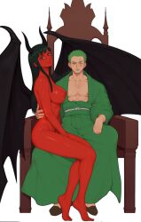 1boy 1girl artist_request clothed_male_nude_female colored_skin demon_girl demon_horns demonio_fleur hana_hana_no_mi highres horns nico_robin nude one_piece red_skin roronoa_zoro scar scar_across_eye shiny_skin sitting sitting_on_lap sitting_on_person source_request tagme throne wings