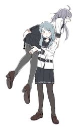 Rule 34 | 10s, 2girls, ahoge, bad id, bad twitter id, belt, black legwear, blush, carrying over shoulder, commentary, expressionless, gangut (kancolle), grey hair, hand on another&#039;s shoulder, hibiki (kancolle), highres, kantai collection, loafers, long sleeves, miniskirt, multiple girls, nachuraa, no headwear, pantyhose, pleated skirt, school uniform, serafuku, shoes, simple background, skirt, standing, verniy (kancolle), white background
