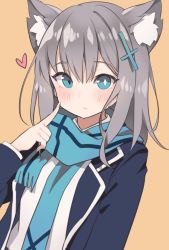 Rule 34 | 1girl, animal ear fluff, animal ears, bad id, bad pixiv id, black jacket, blue archive, blue eyes, blue scarf, blush, brown background, closed mouth, fringe trim, goyain, grey hair, hair between eyes, heart, jacket, long hair, long sleeves, looking at viewer, open clothes, open jacket, scarf, shiroko (blue archive), shirt, simple background, solo, upper body, white shirt