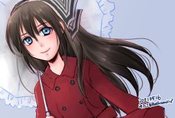 Rule 34 | 1girl, 2021, aqua eyes, artist name, artist request, audrey (love live!), belt, black bow, blue eyes, blush, bow, bow hairband, breasts, brown hair, buttons, coat, collared coat, dated, dress, female focus, floating hair, grey background, hair between eyes, hair bow, hairband, half updo, high ponytail, holding, holding umbrella, long hair, long sleeves, looking at viewer, love live!, love live! nijigasaki high school idol club, love live! school idol festival, osaka shizuku, parted lips, pink lips, ponytail, red belt, red bow, red coat, red dress, red ribbon, ribbon, sidelocks, small breasts, smile, solo, striped, striped bow, trench coat, umbrella, upper body, wavy hair, white bow, white umbrella, wing collar