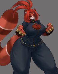 Rule 34 | 1girl, brass knuckles, breasts, cleavage cutout, clothing cutout, fang, fingerless gloves, furry, furry female, gipehtyboo, gloves, grey background, highres, large breasts, pants, red hair, red panda, red panda ears, red panda girl, red panda tail, smile, tail, teeth, thick thighs, thighs, w arms, weapon, wide hips